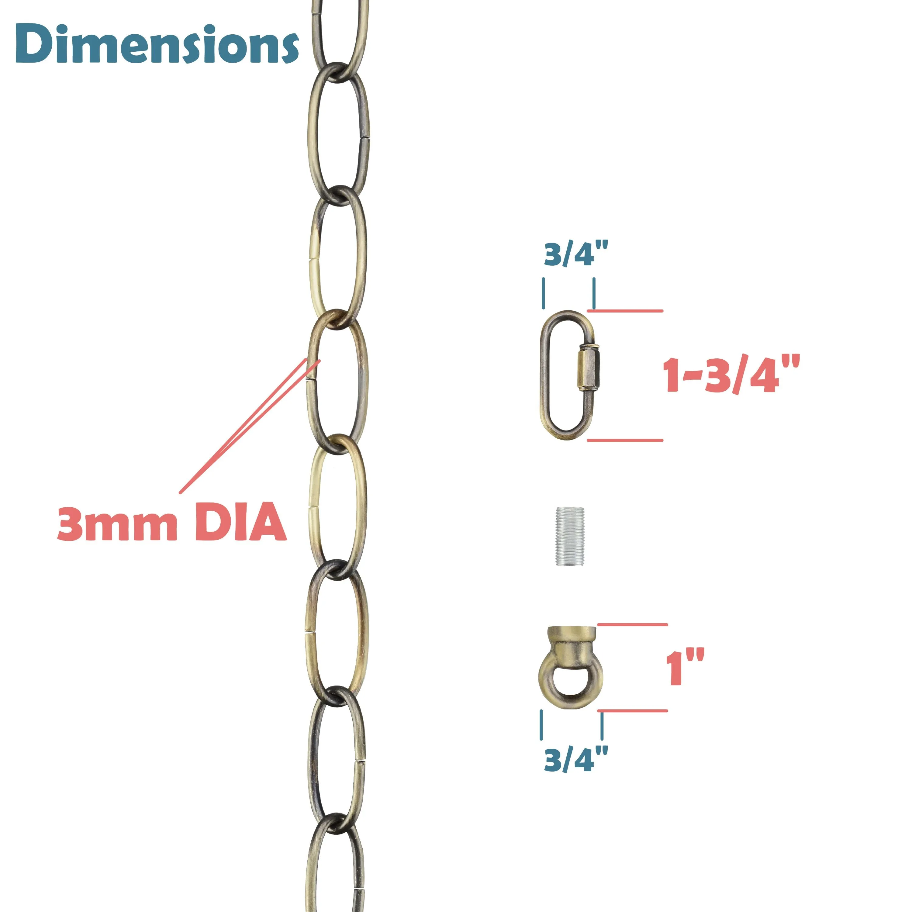 # 21109-51,Steel 6 Feet Heavy Duty Chain & Quick Link Connector for Hanging Up Maximum Weight 40 Pounds-Lighting Fixture/Swag Light/Plant in Antique Brass.11 Gauge.