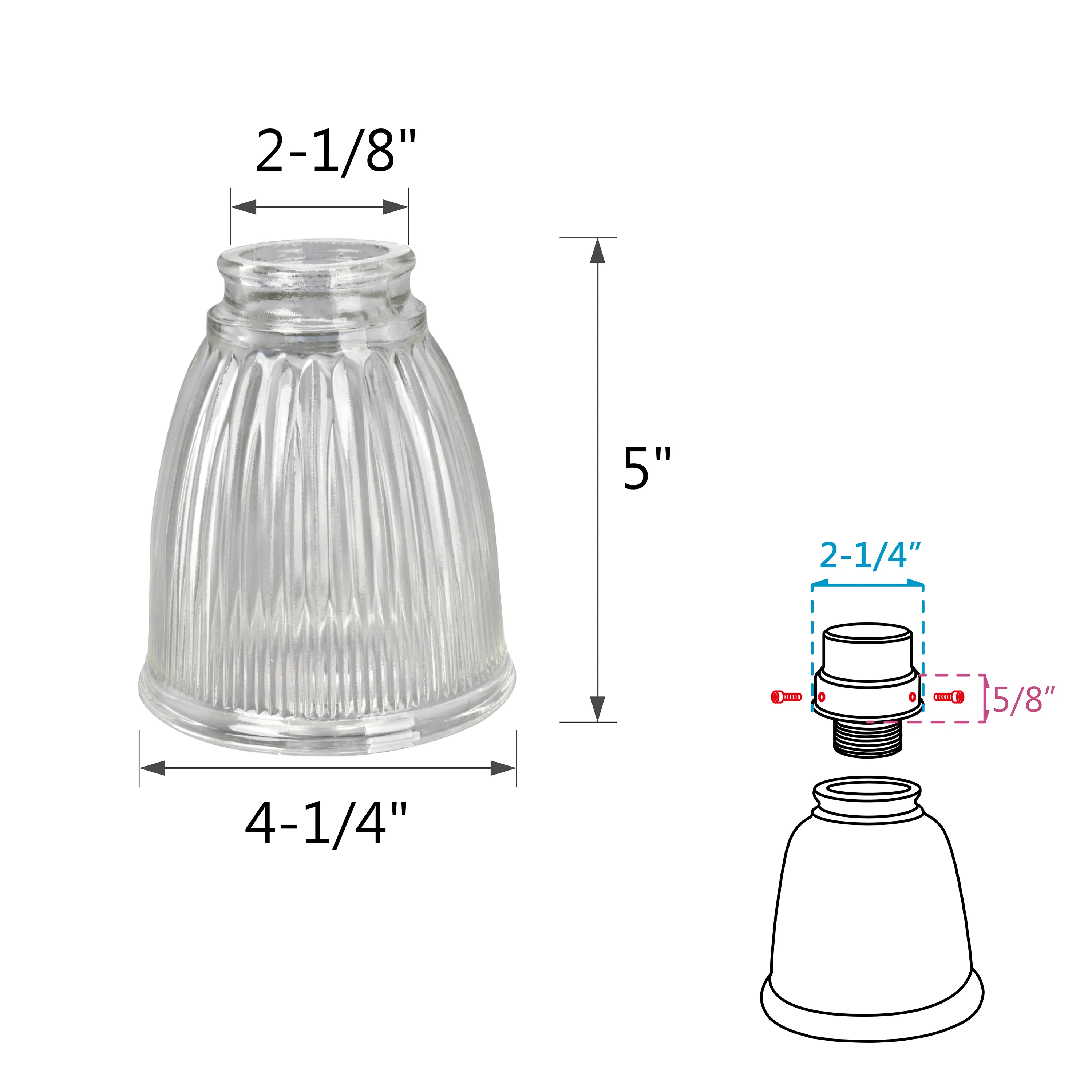 # 23025-4 Transitional Style Replacement Bell Shaped Clear Ribbed Glass Shade, 2 1/4" Fitter Size, 5" high x 4 1/4" diameter, 4 Pack