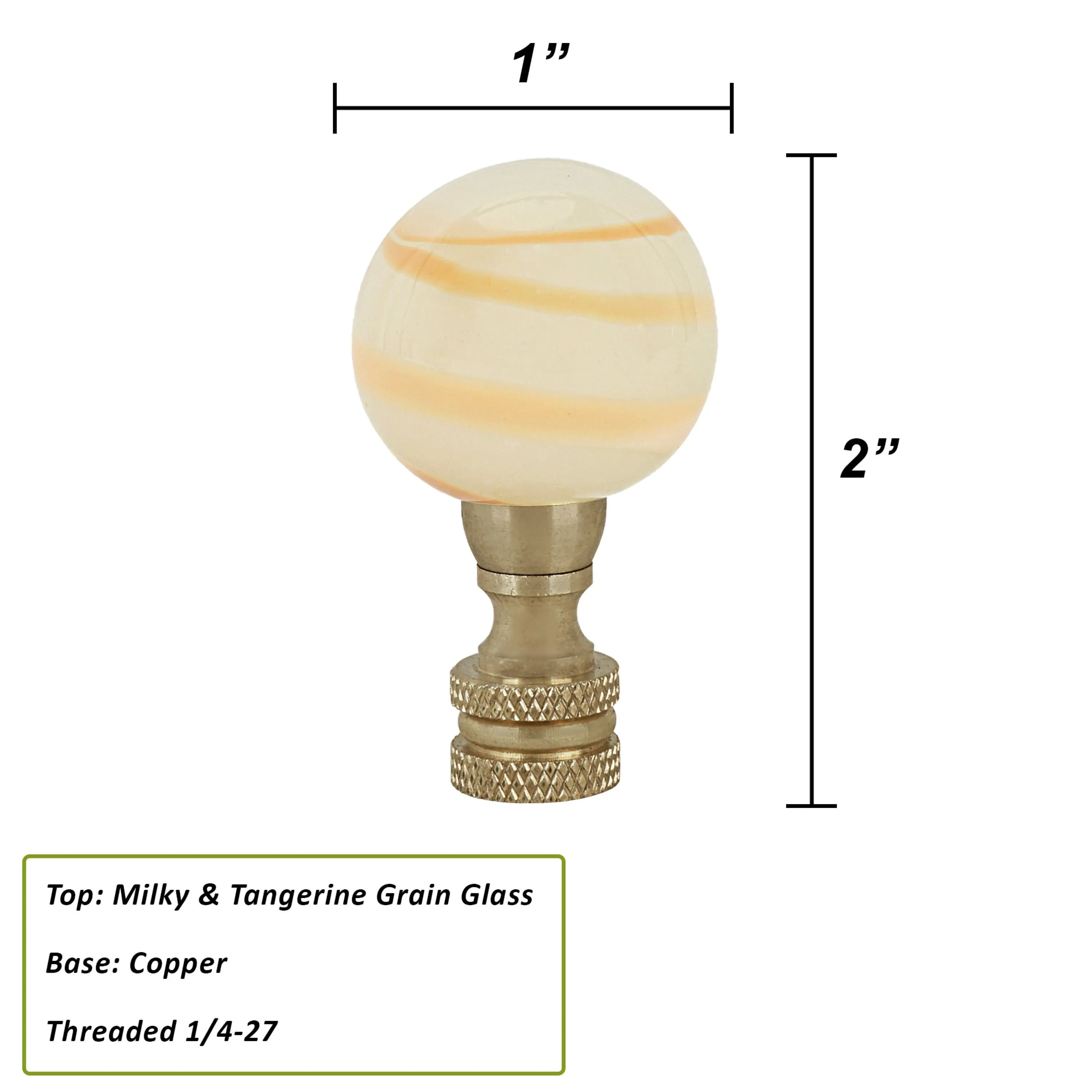 # 24027-12, Milky with Tangerine Grain Glass Lamp Finial in Copper, 2" Tall, 2 Pack