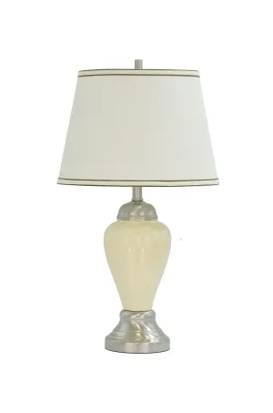 # 40016  26" High Traditional Ceramic Table Lamp, in Beige, Satin Nickel Base, Off White Hardback Empire Shaped Shade, 15" W