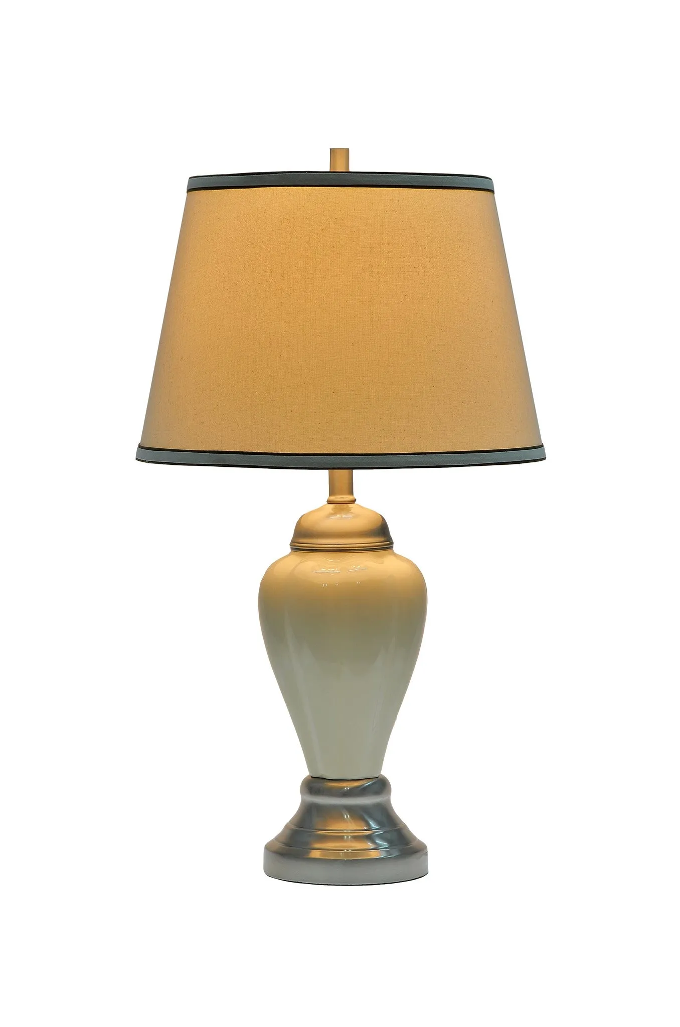 # 40016  26" High Traditional Ceramic Table Lamp, in Beige, Satin Nickel Base, Off White Hardback Empire Shaped Shade, 15" W