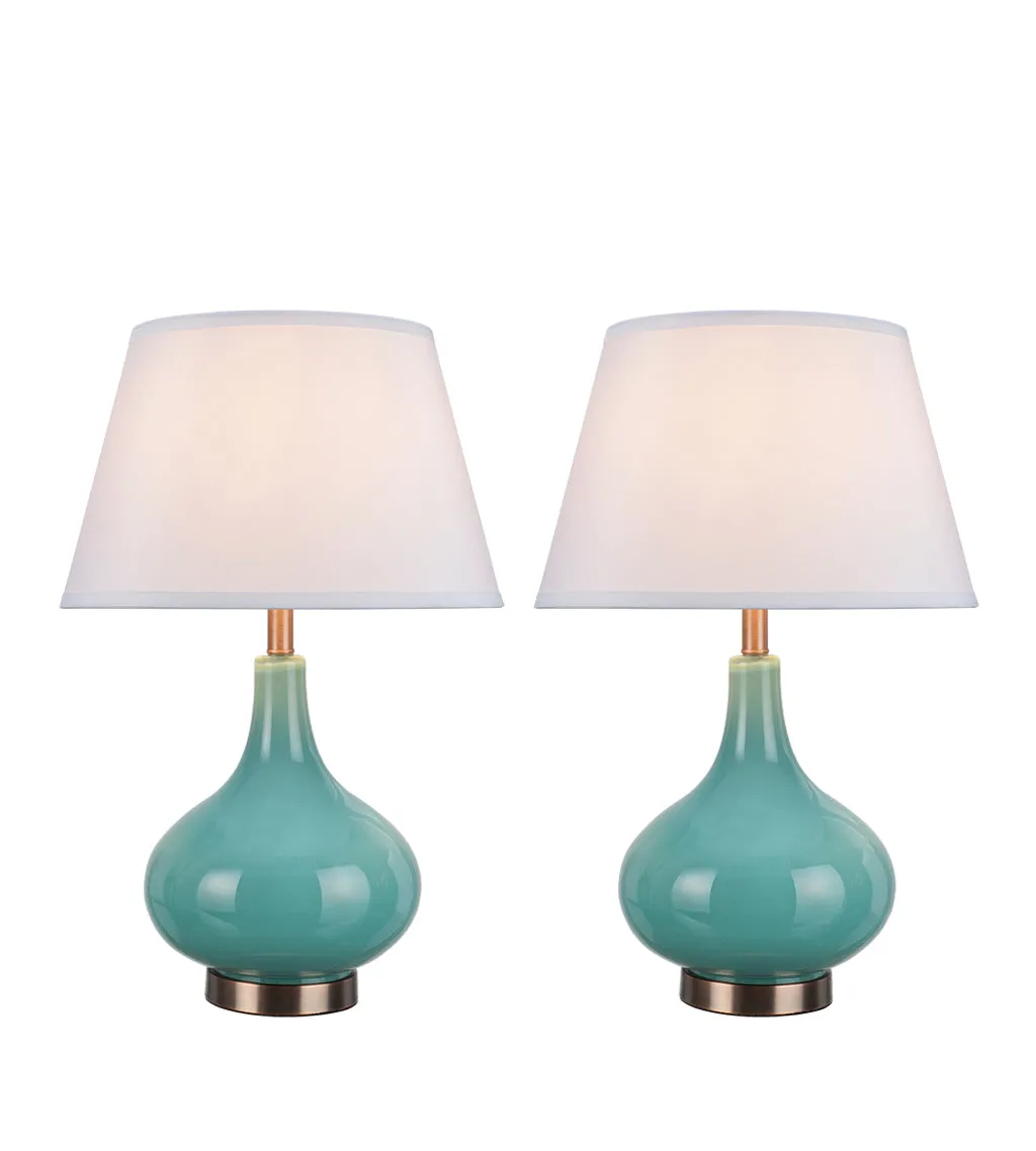 # 40027 2 Pack 23" H Modern Glass Table Lamp, Turquoise, Antique Copper Base, White Hardback Empire Shade, 14 1/2" W