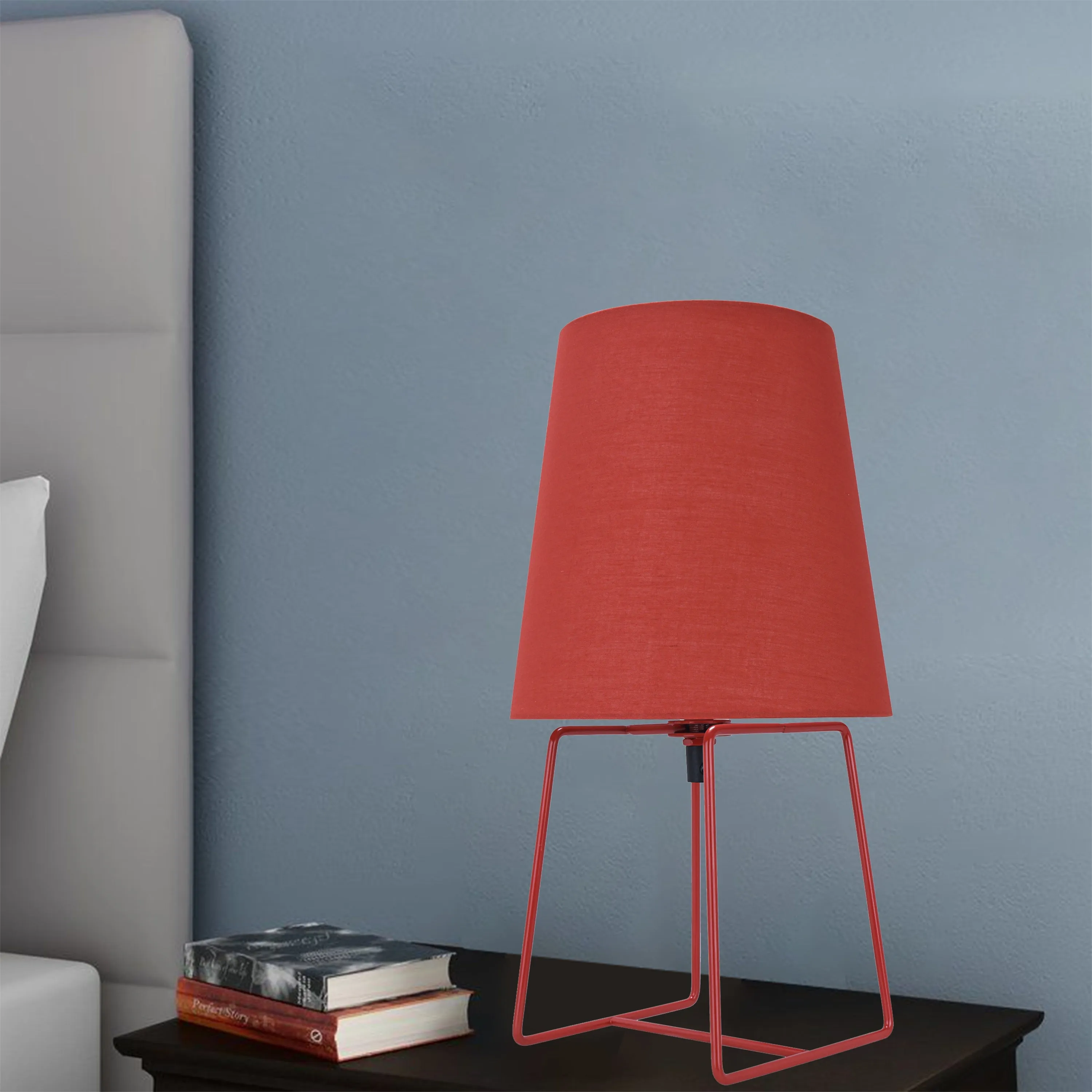 # 40172-21, 13" High Transitional Metal Accent Table Lamp, Red Painted Finish and Empire Shaped Lamp Shade in Red, 7" Wide