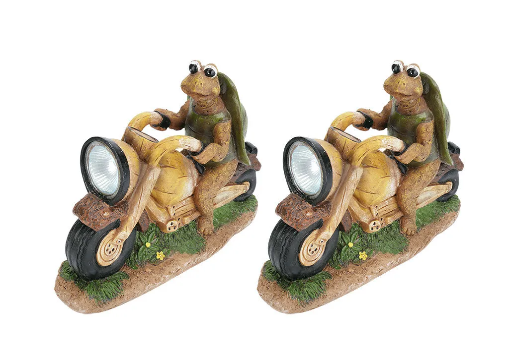 # 60901 Two Pack Set, Turtle on a Motorcycle Solar LED Accent Light Statue, 10" Length