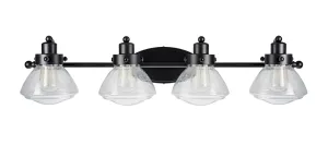 # 62080 Four-Light Metal Bathroom Vanity Wall Light Fixture, 33 3/4" Wide, Transitional Design in Black with Clear Seedy Glass Shade