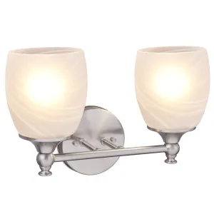 # 62142 Two-Light Metal Bathroom Vanity Wall Light Fixture, 13" Wide, Transitional Design in Brushed Nickel with Faux Alabaster Glass Shade