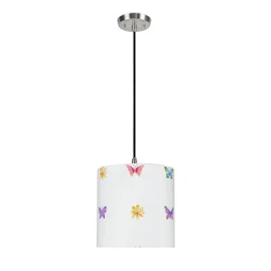 # 71062-11 One-Light Hanging Pendant Ceiling Light with Transitional Drum Fabric Lamp Shade, White, 8" width