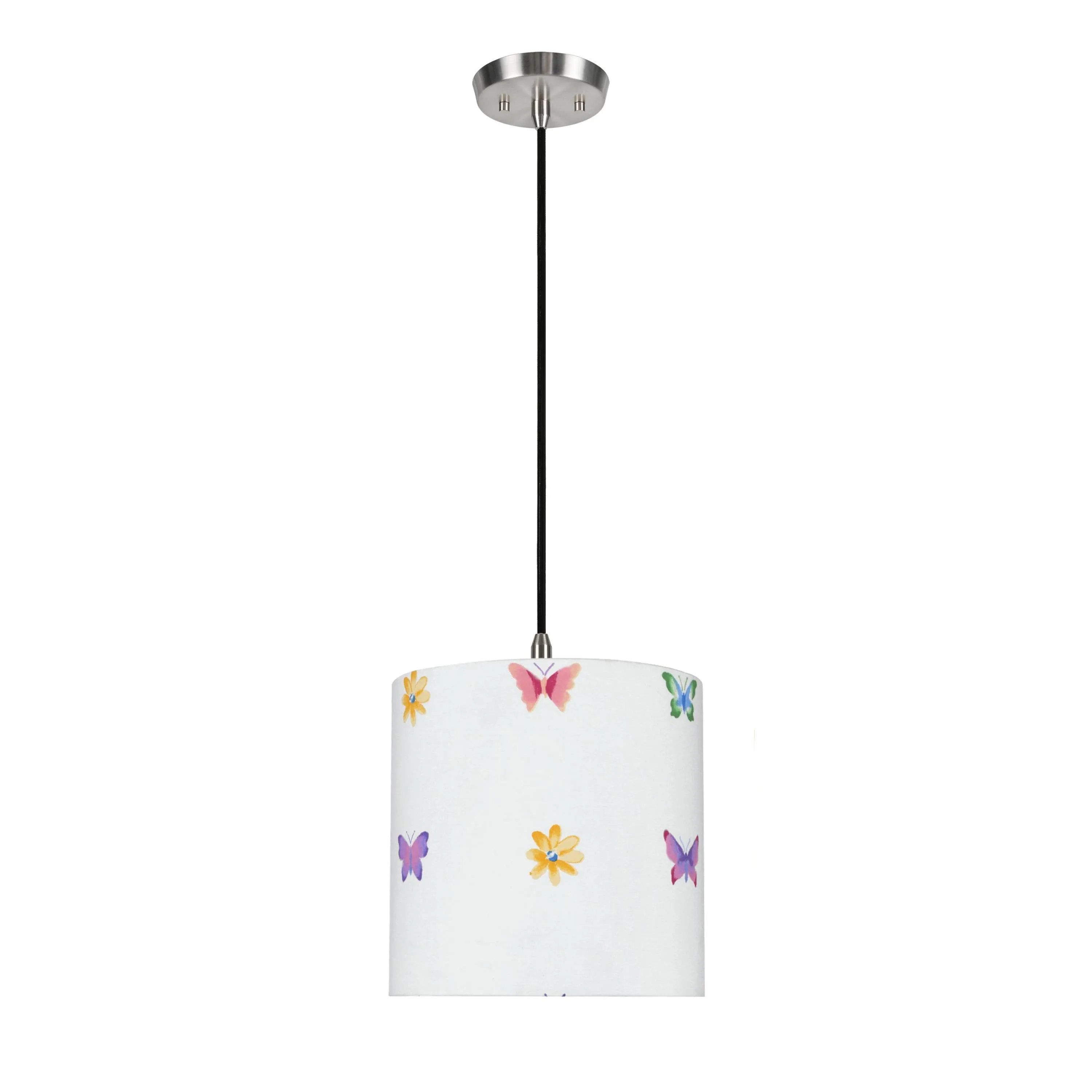 # 71062-11 One-Light Hanging Pendant Ceiling Light with Transitional Drum Fabric Lamp Shade, White, 8" width