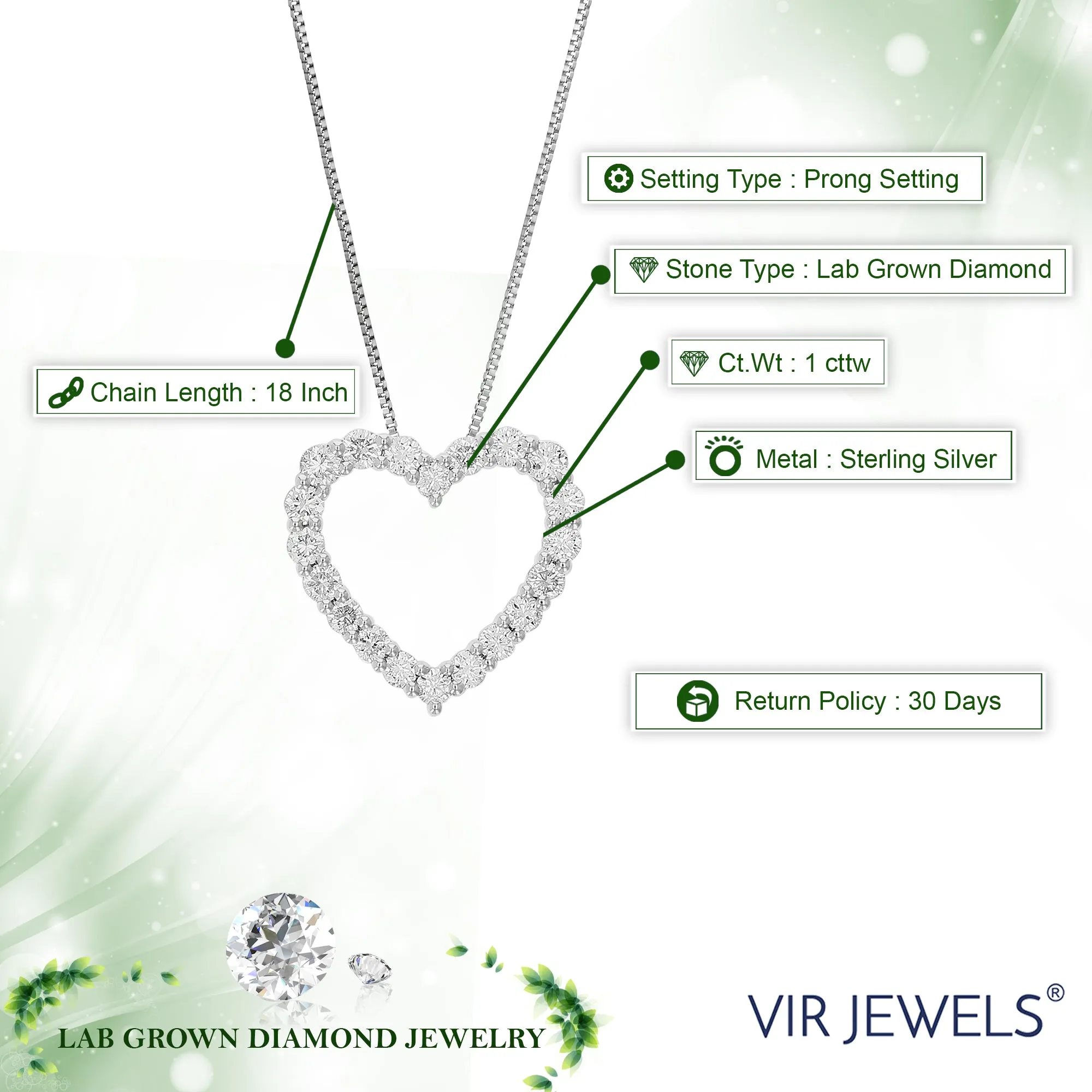 1 cttw Lab Grown Diamond Heart Pendant Necklaces Sterling Silver