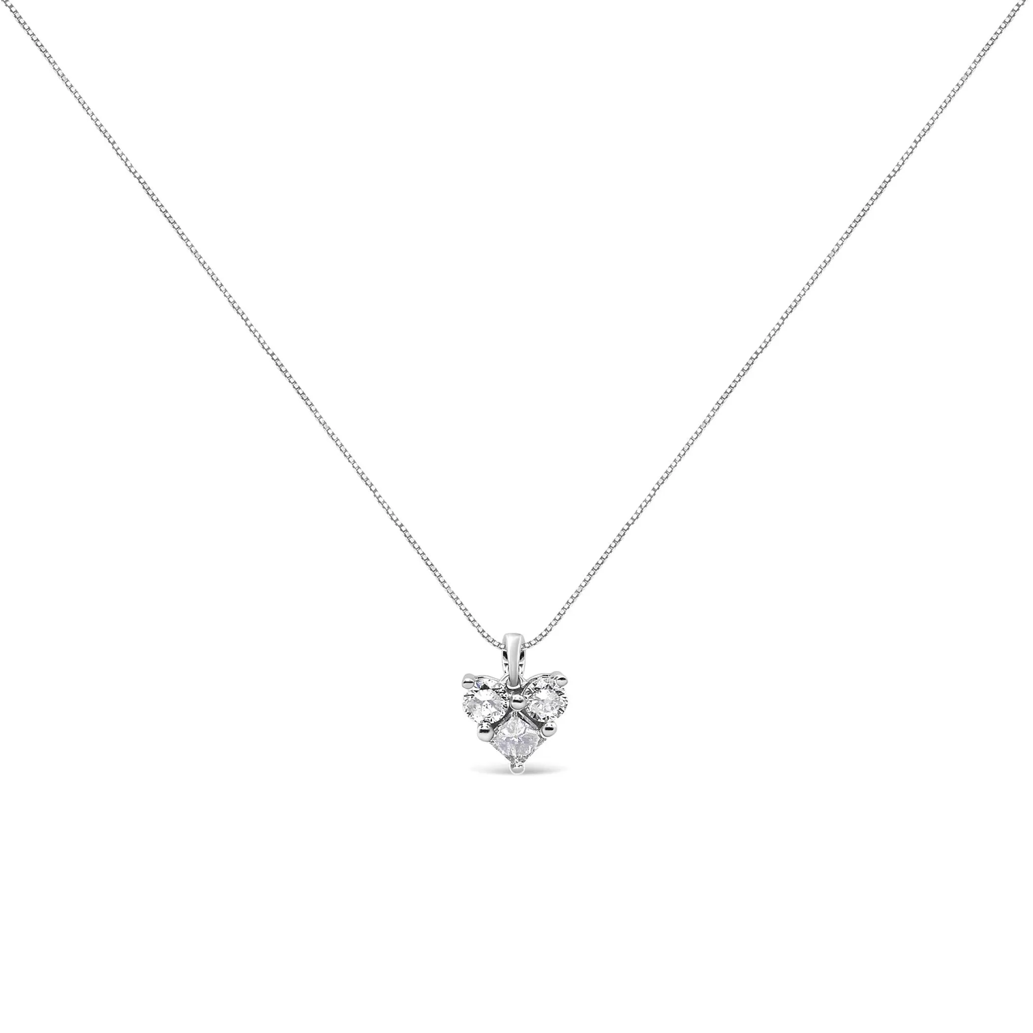 10K White Gold 1/4 Cttw Diamond 3 Stone Heart Shaped Pendant 18" Necklace (J-K Color, I1-I2 Clarity)