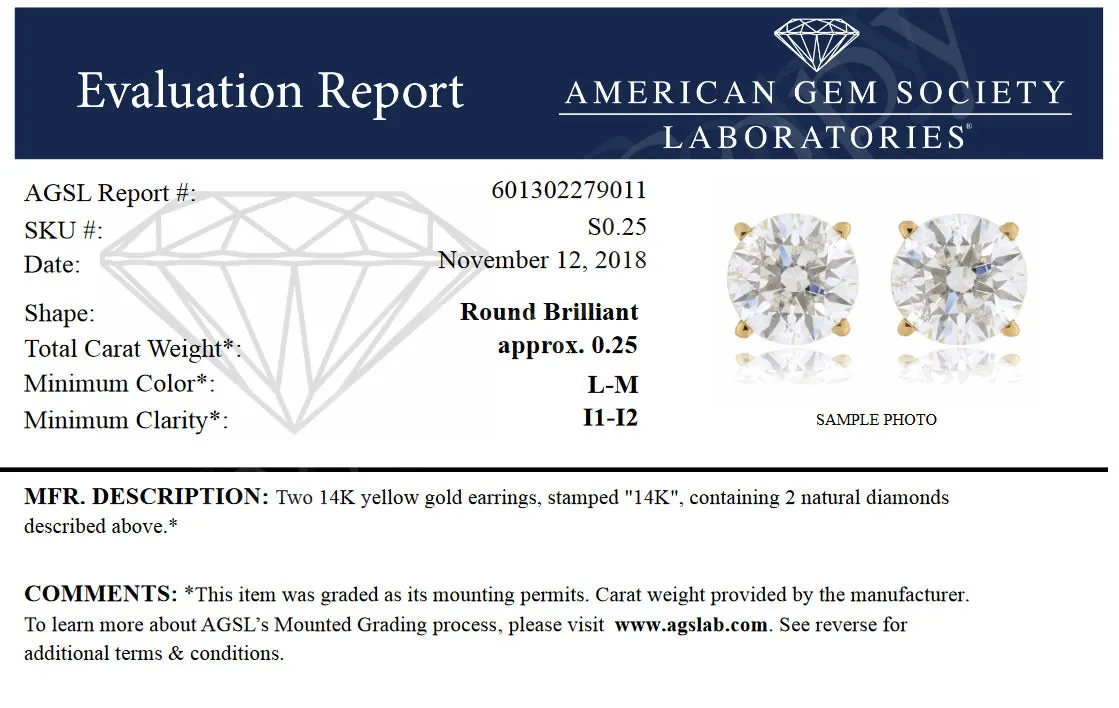 1/4 cttw VS2-SI1 Certified Diamond Stud Earrings 14K Yellow Gold I-J Color Round Screw Back