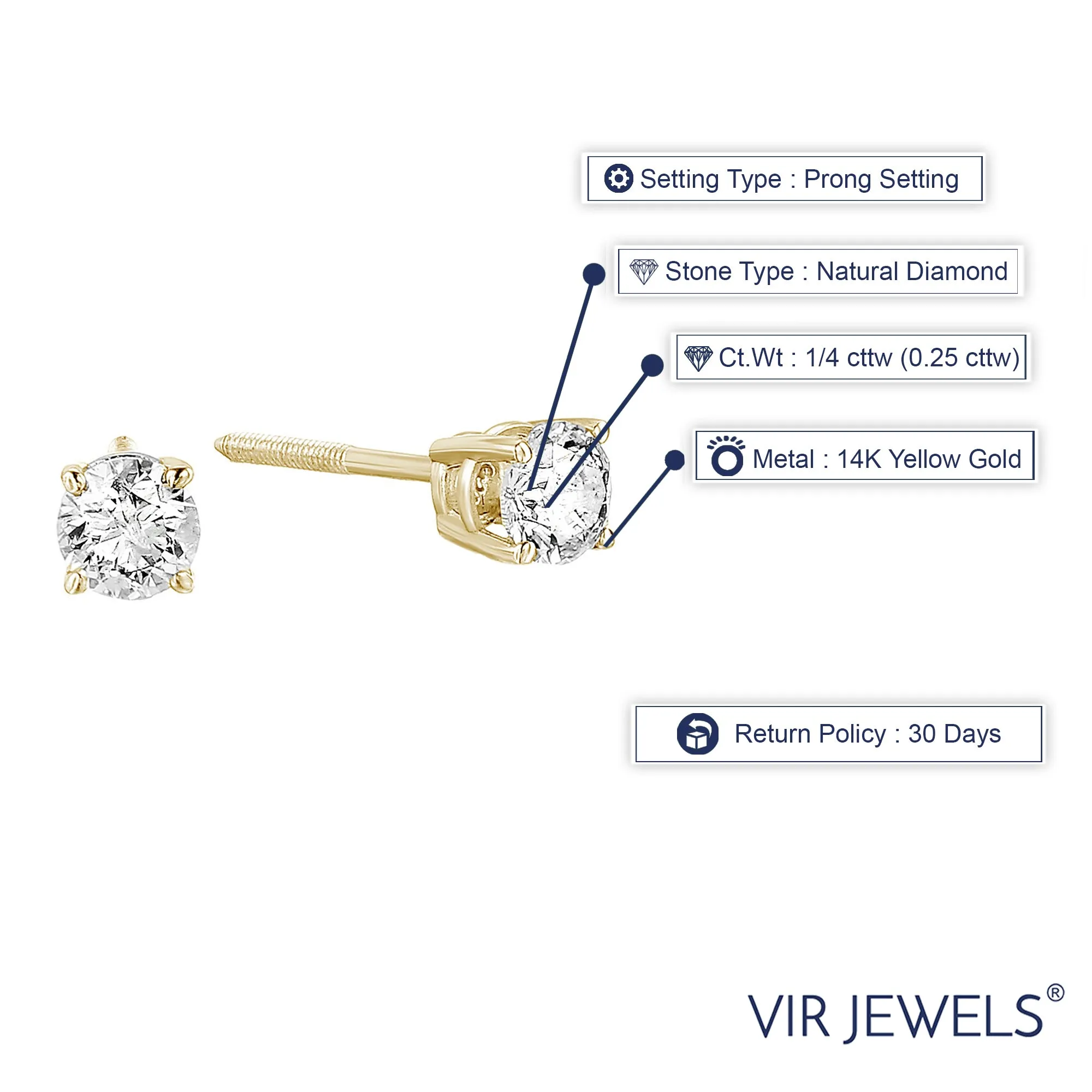 1/4 cttw VS2-SI1 Certified Diamond Stud Earrings 14K Yellow Gold I-J Color Round Screw Back