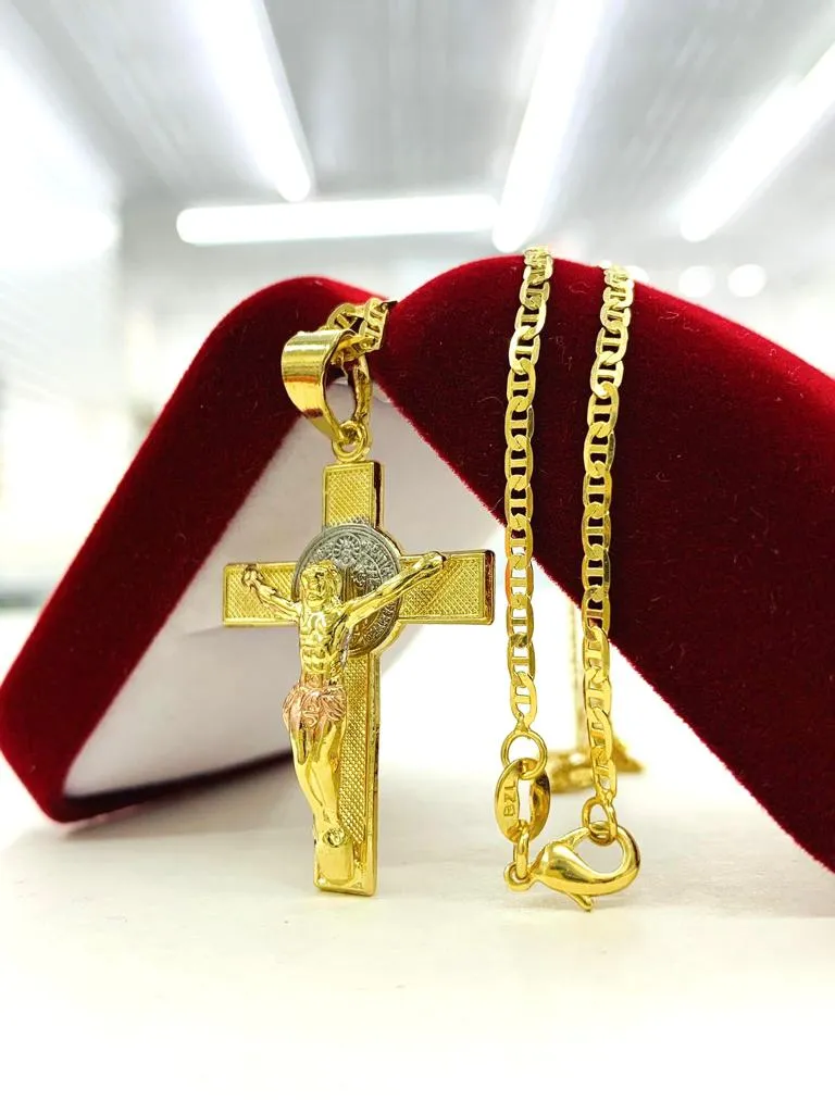 14K Gold Filled Jesus Cross Necklace Pendant Mariner Chain Saint Benedict Cross Charm