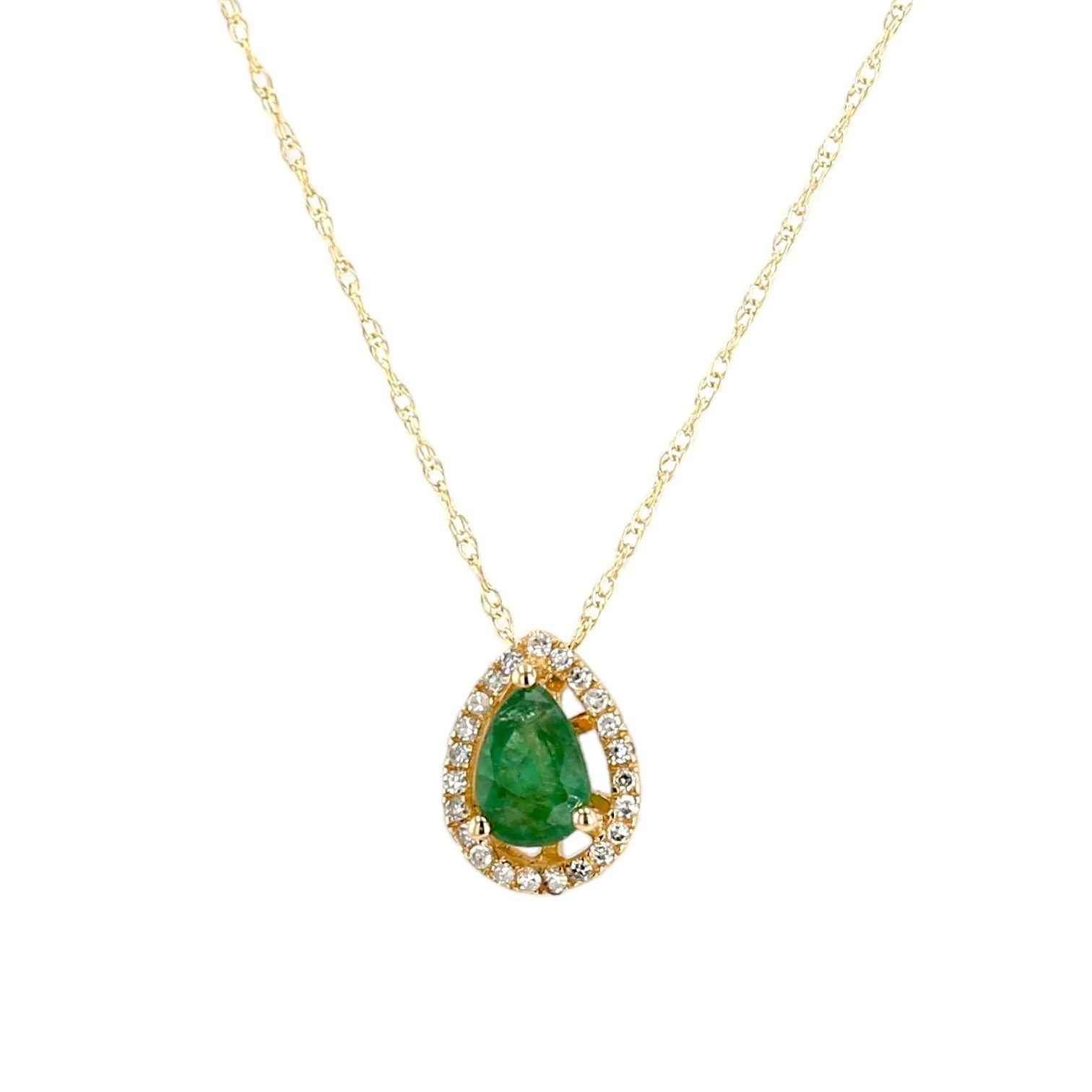 14K Yellow gold drop tear diamonds center emerald necklace-15636