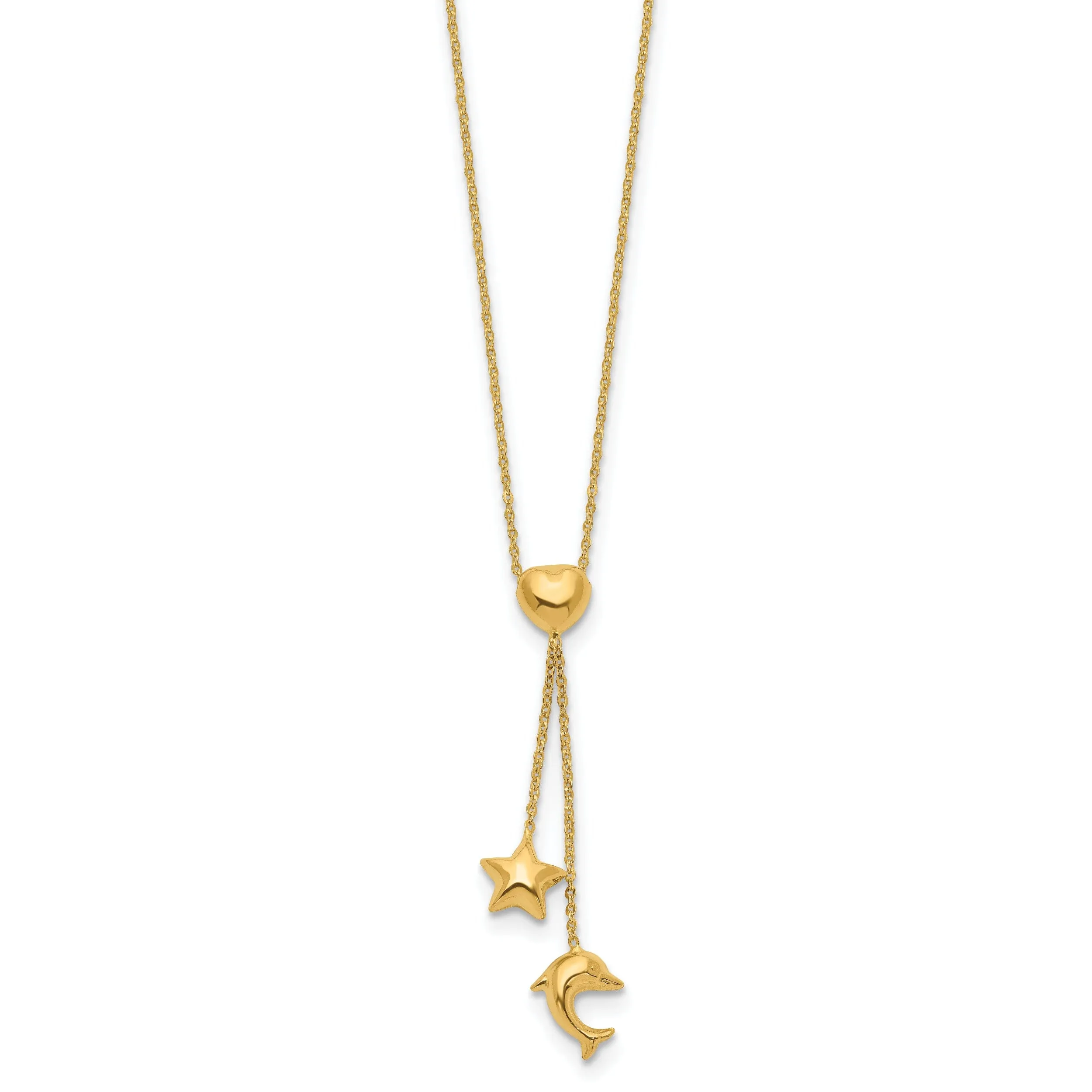 14k Yellow Gold Polished Finish Heart, Star & Dolphin Fancy Pendant in a 16-inch Cable Chain Y-Necklace Set