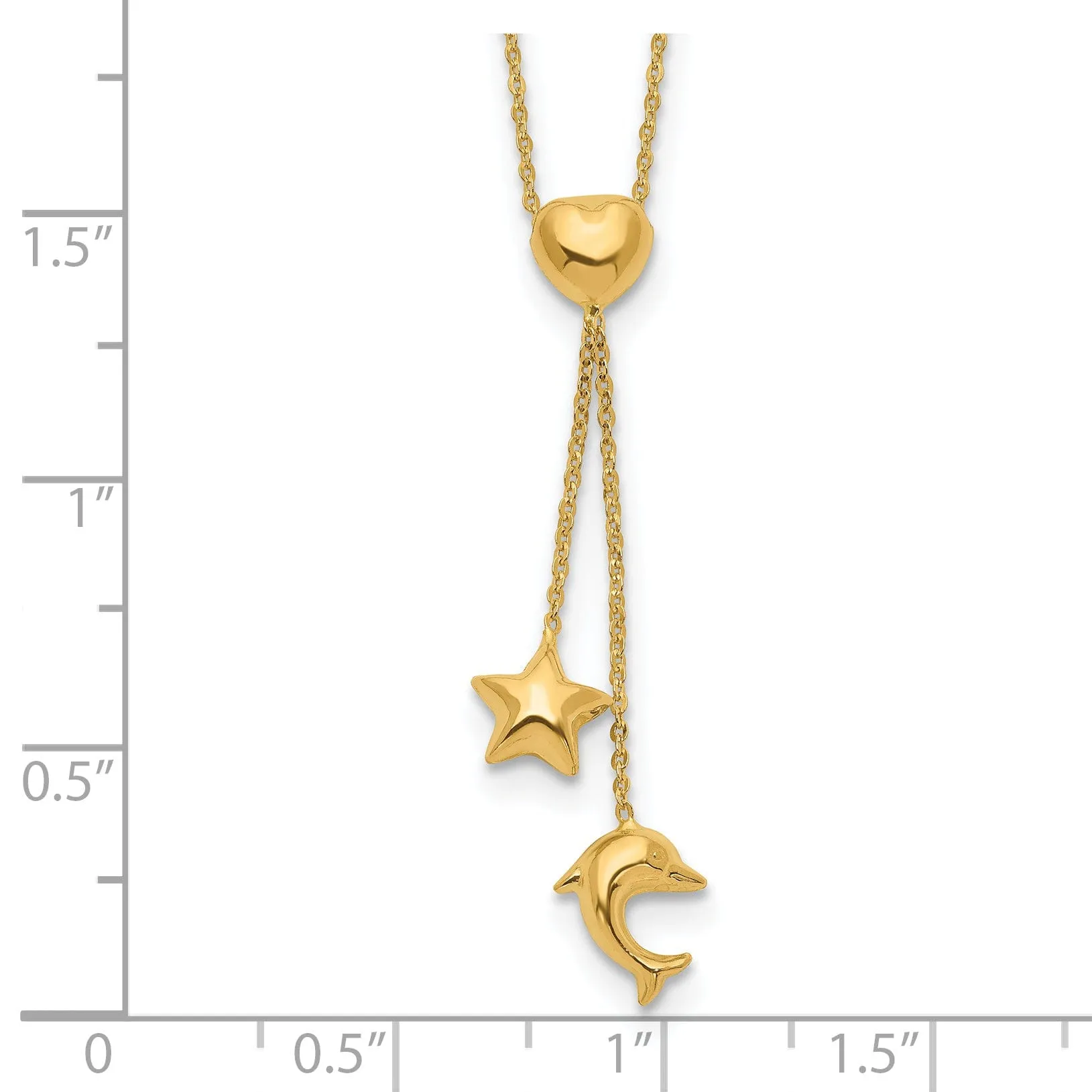 14k Yellow Gold Polished Finish Heart, Star & Dolphin Fancy Pendant in a 16-inch Cable Chain Y-Necklace Set