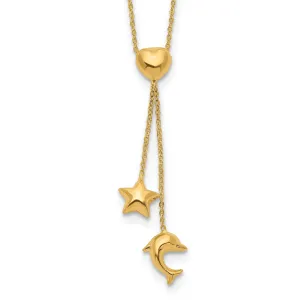 14k Yellow Gold Polished Finish Heart, Star & Dolphin Fancy Pendant in a 16-inch Cable Chain Y-Necklace Set