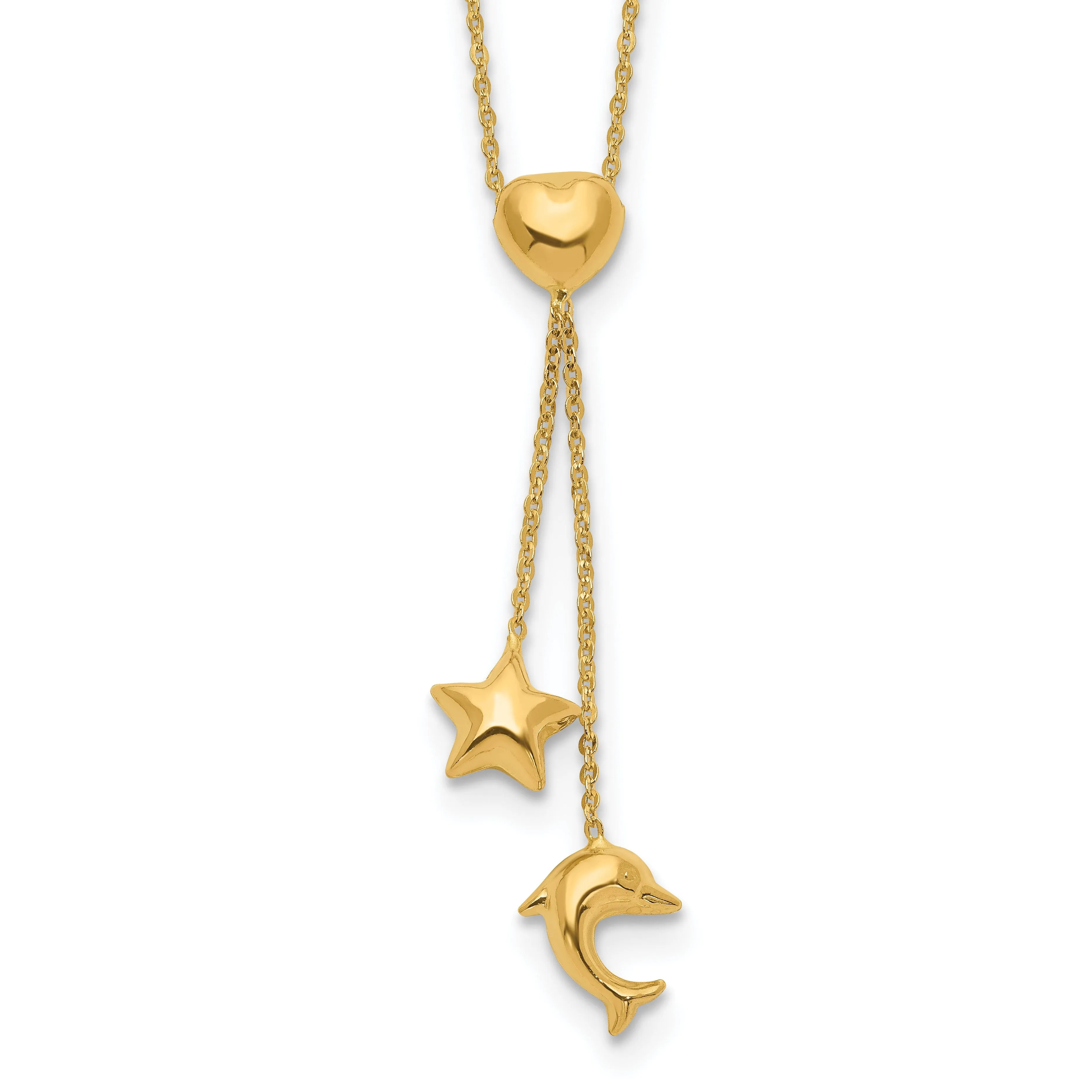 14k Yellow Gold Polished Finish Heart, Star & Dolphin Fancy Pendant in a 16-inch Cable Chain Y-Necklace Set