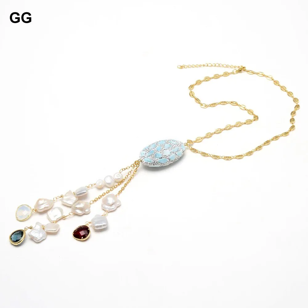 19'' Freshwater White Keshi Pearl Blue Larimar Pave Crystal Rhinestone