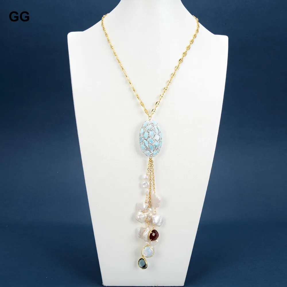 19'' Freshwater White Keshi Pearl Blue Larimar Pave Crystal Rhinestone