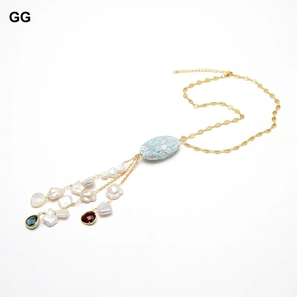 19'' Freshwater White Keshi Pearl Blue Larimar Pave Crystal Rhinestone