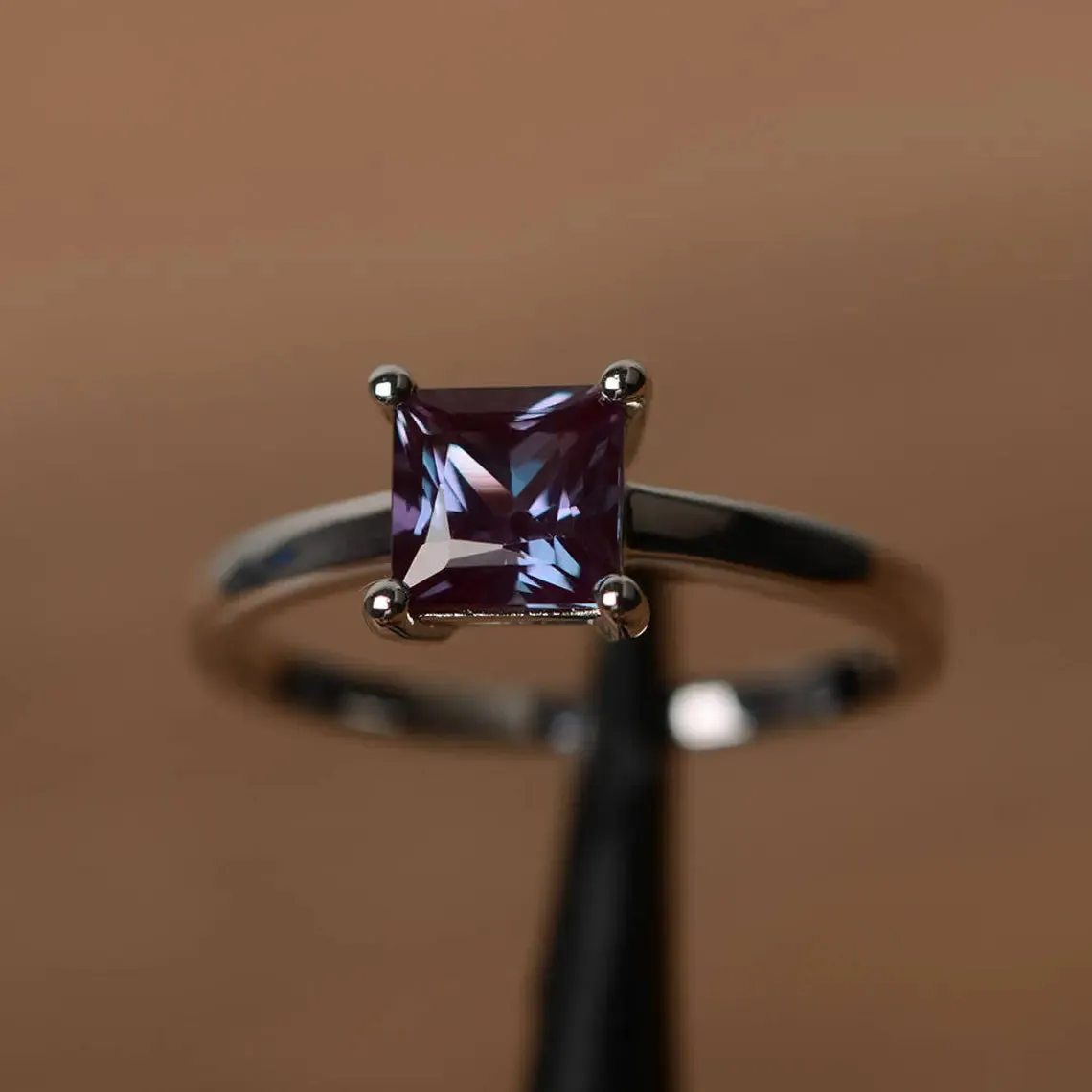 Alexandrite Square Cut Simple Promise Ring - 925 Sterling Silver Rings