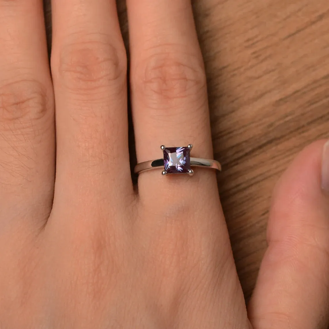 Alexandrite Square Cut Simple Promise Ring - 925 Sterling Silver Rings