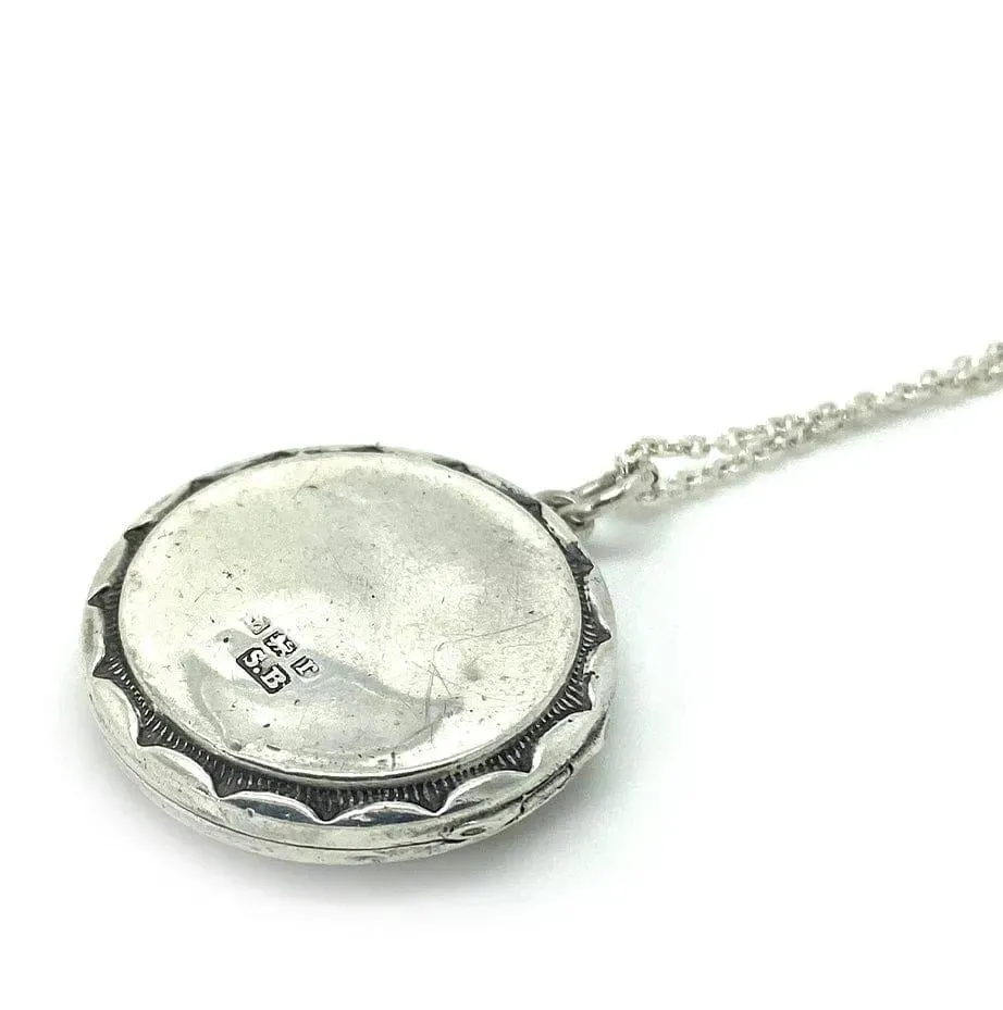 Antique 1916 Silver Engraved Round Locket Necklace