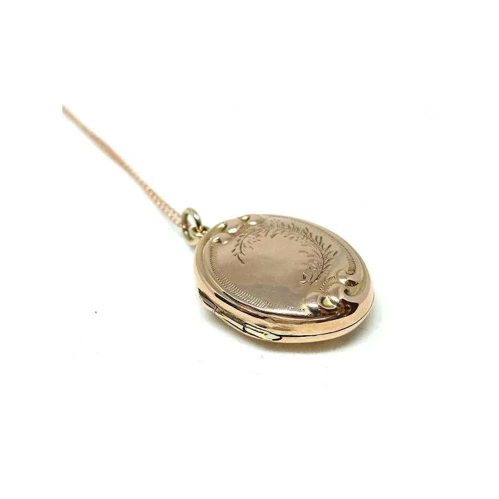 Antique Edwardian 9ct Rose Gold Feather Locket Necklace