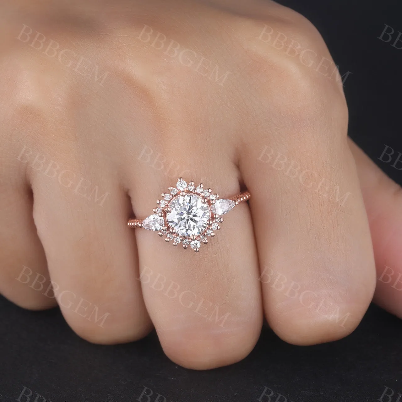 Art Deco 1.25CT Round Cut Moissanite Engagement Ring Milgrain Rose Gold Band