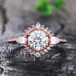 Art Deco 1.25CT Round Cut Moissanite Engagement Ring Milgrain Rose Gold Band