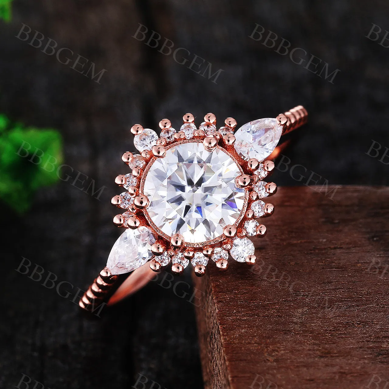 Art Deco 1.25CT Round Cut Moissanite Engagement Ring Milgrain Rose Gold Band