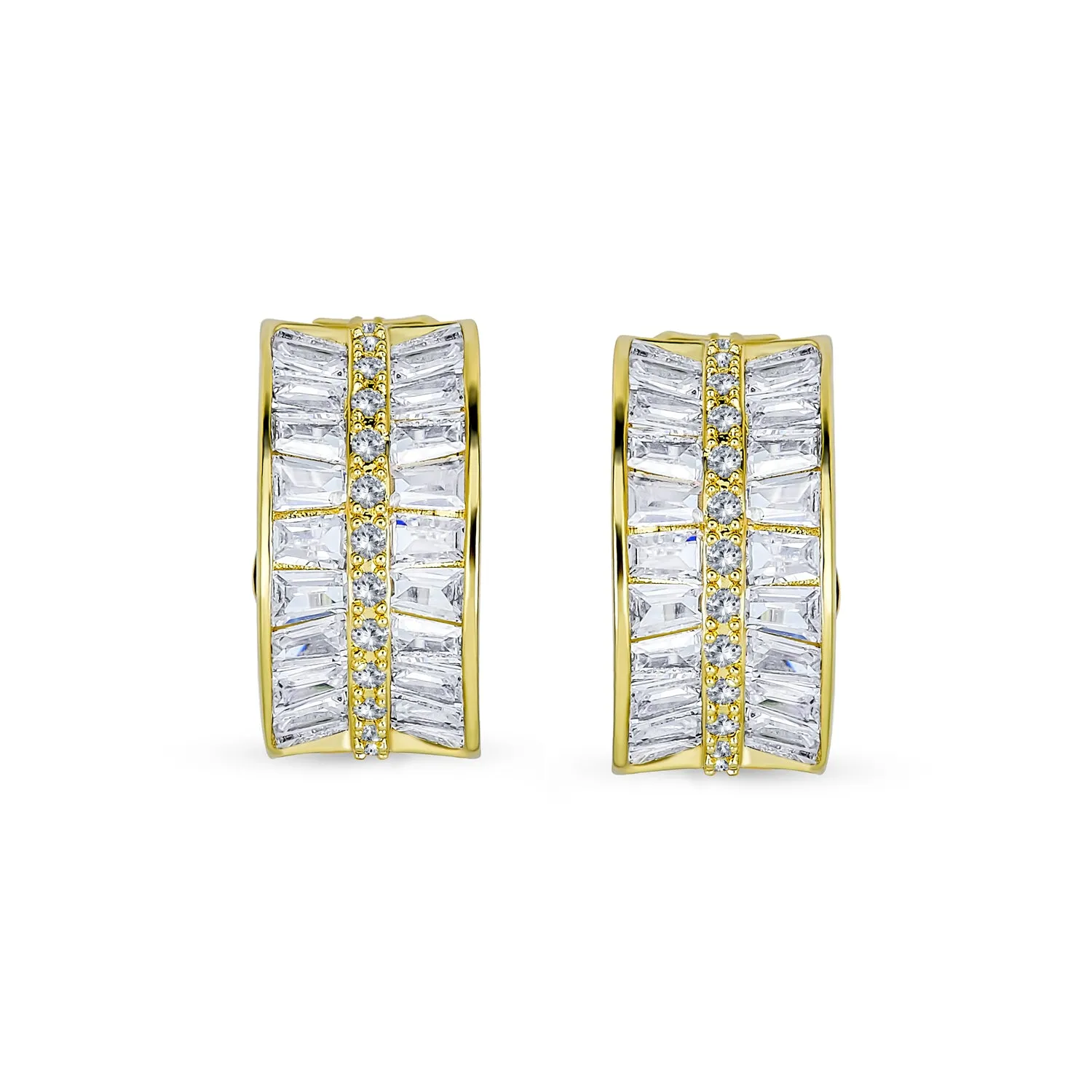 Art Deco Baguette CZ Half Hoop Earrings On Clip Gold Silver Plated