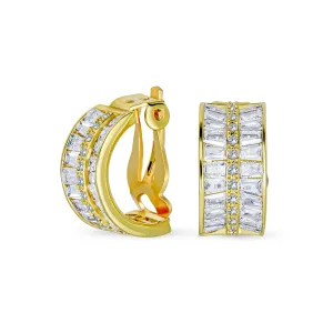 Art Deco Baguette CZ Half Hoop Earrings On Clip Gold Silver Plated