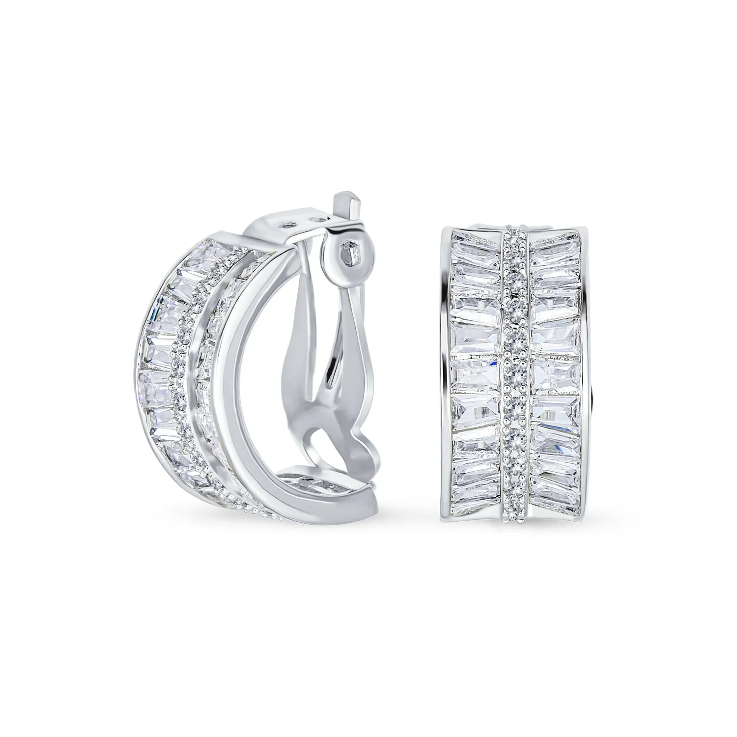 Art Deco Baguette CZ Half Hoop Earrings On Clip Gold Silver Plated