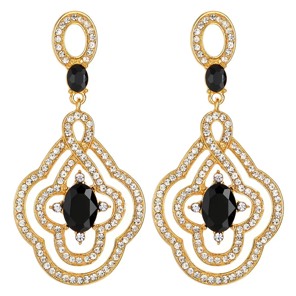 Art Deco Prom Party Dress Rhinestone Black Crystal Flower Dangle Drop Large Gold Statement Earrings