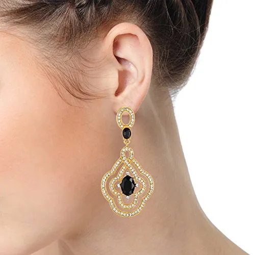 Art Deco Prom Party Dress Rhinestone Black Crystal Flower Dangle Drop Large Gold Statement Earrings