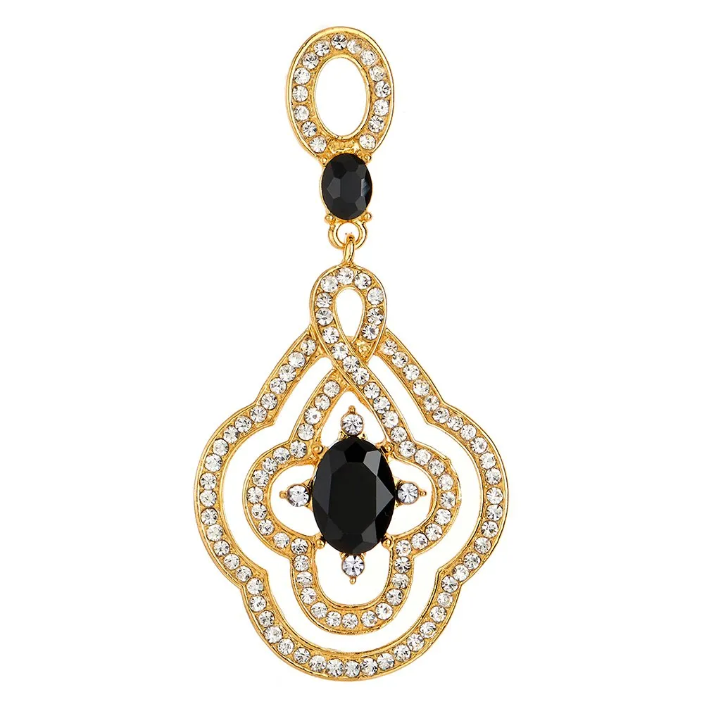 Art Deco Prom Party Dress Rhinestone Black Crystal Flower Dangle Drop Large Gold Statement Earrings