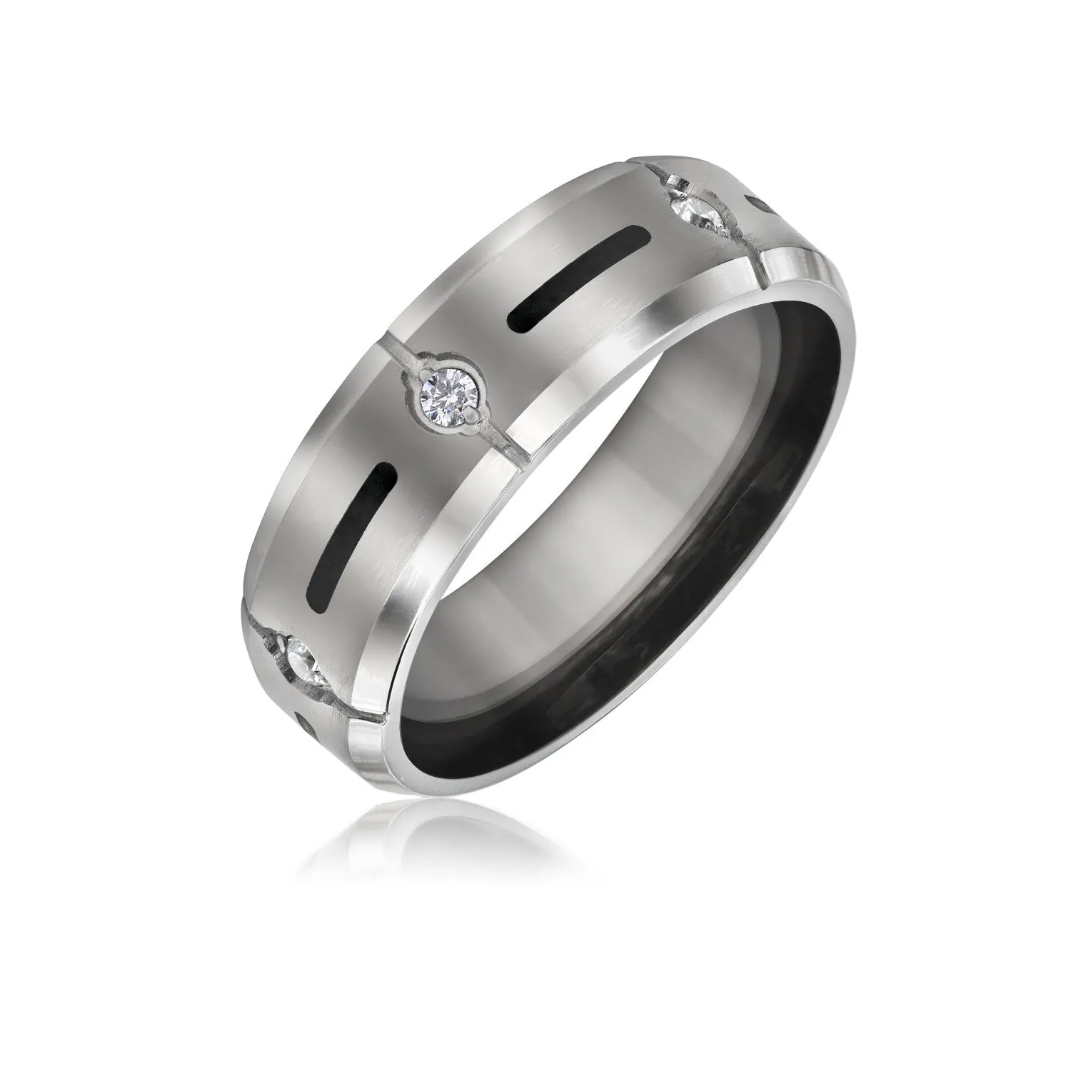 Black Inlay Tungsten Wedding Band Ring with CZ Accent and Silver Tone for Men