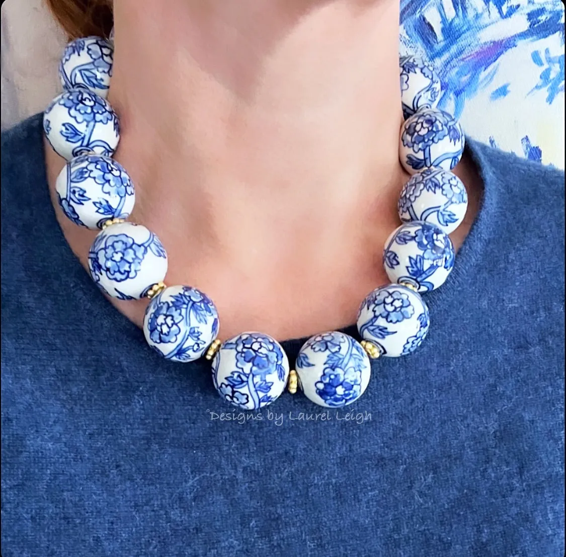 Blue & White Chinoiserie Peony Statement Necklace