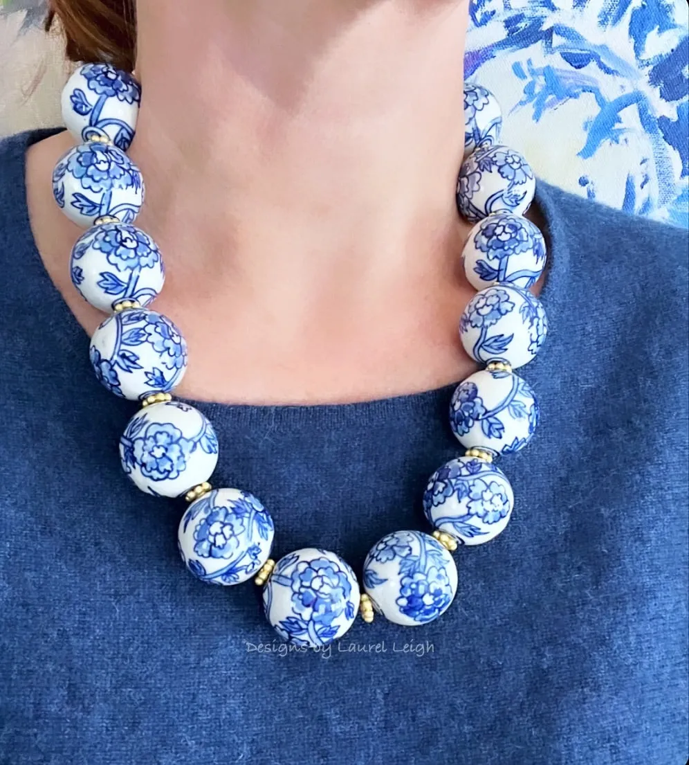 Blue & White Chinoiserie Peony Statement Necklace