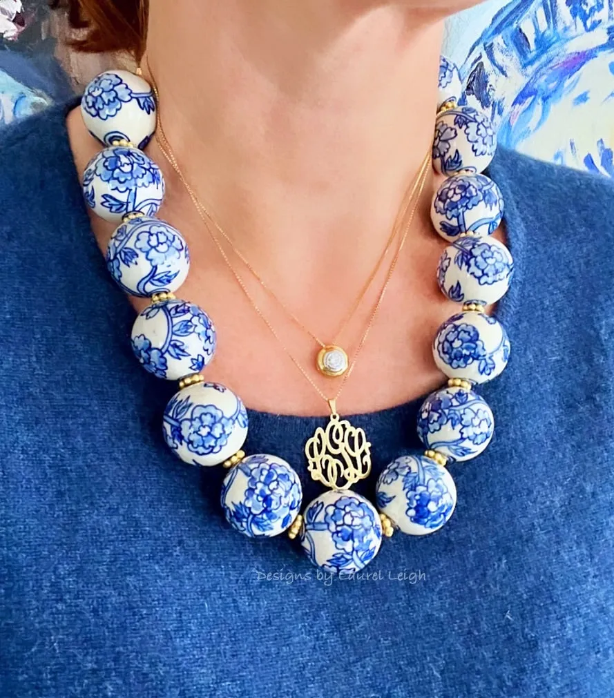 Blue & White Chinoiserie Peony Statement Necklace