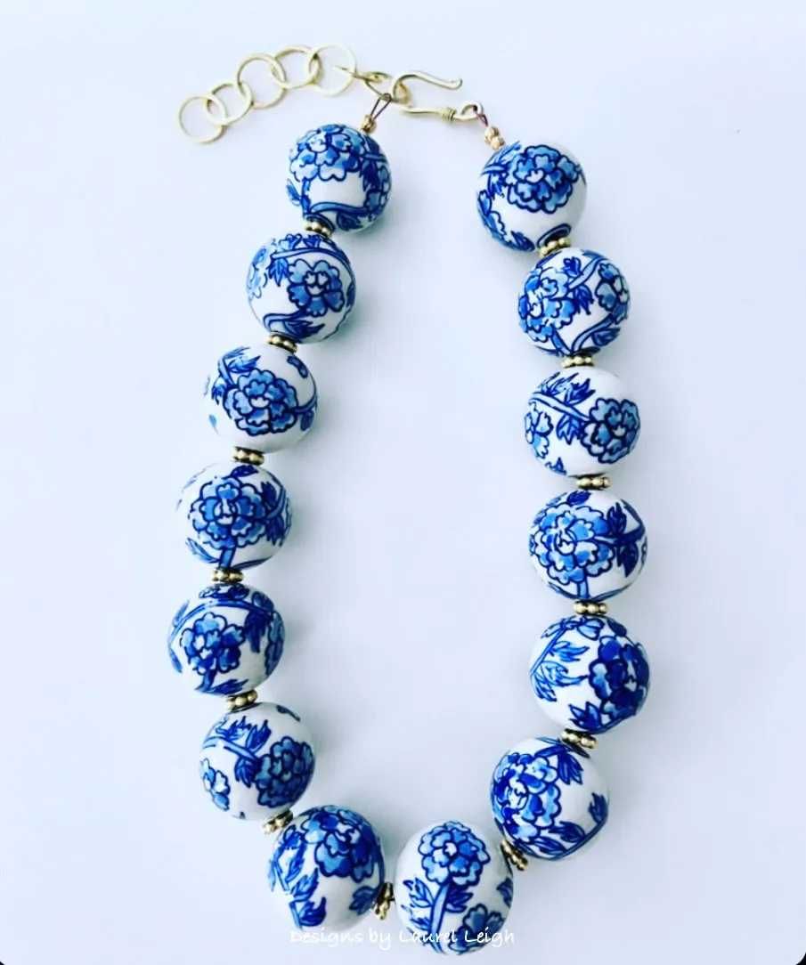 Blue & White Chinoiserie Peony Statement Necklace