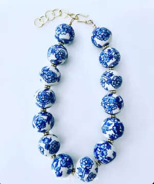 Blue & White Chinoiserie Peony Statement Necklace