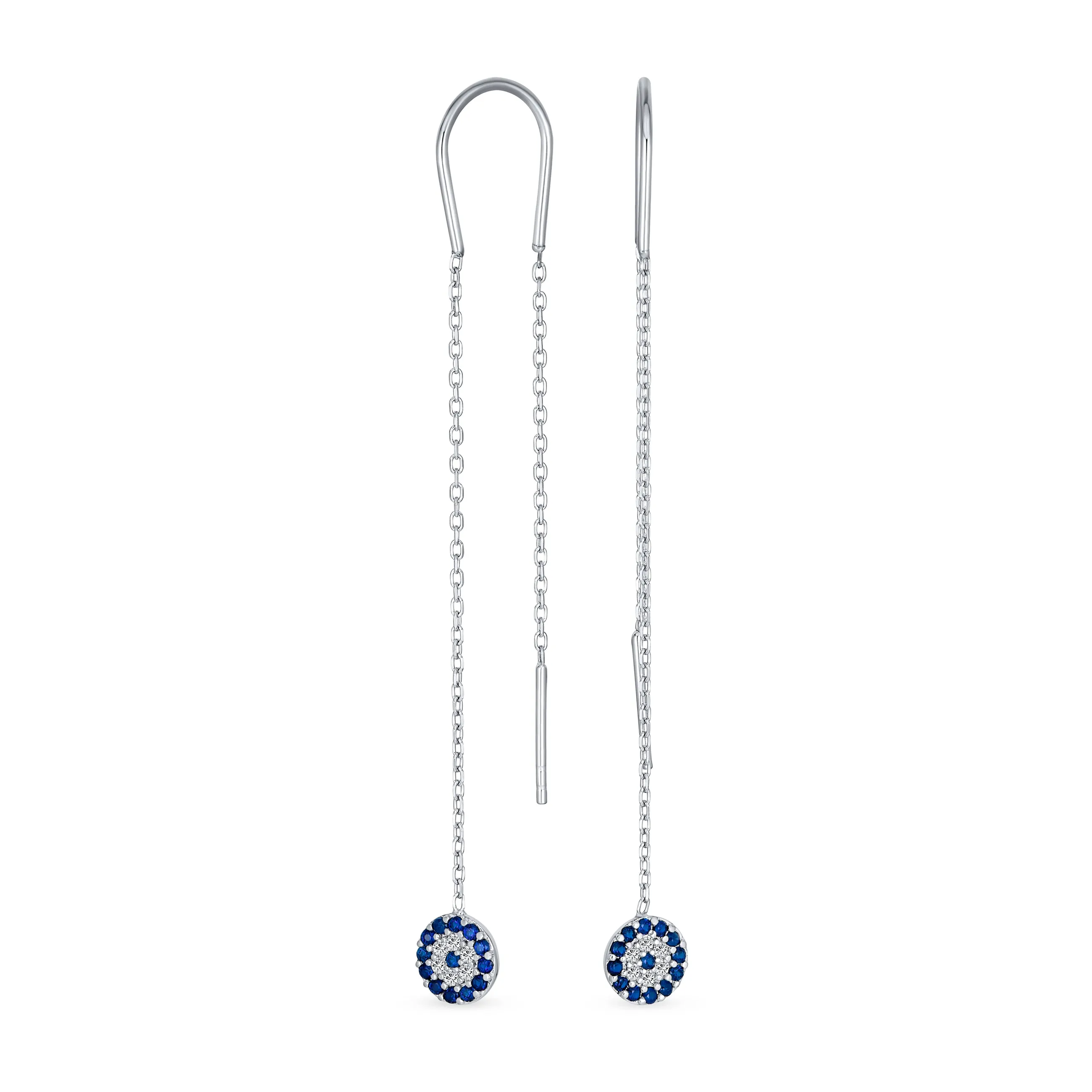 Blue Nazar Evil Eye Dangle Chandelier Earrings with CZ Pave on Sterling Silver