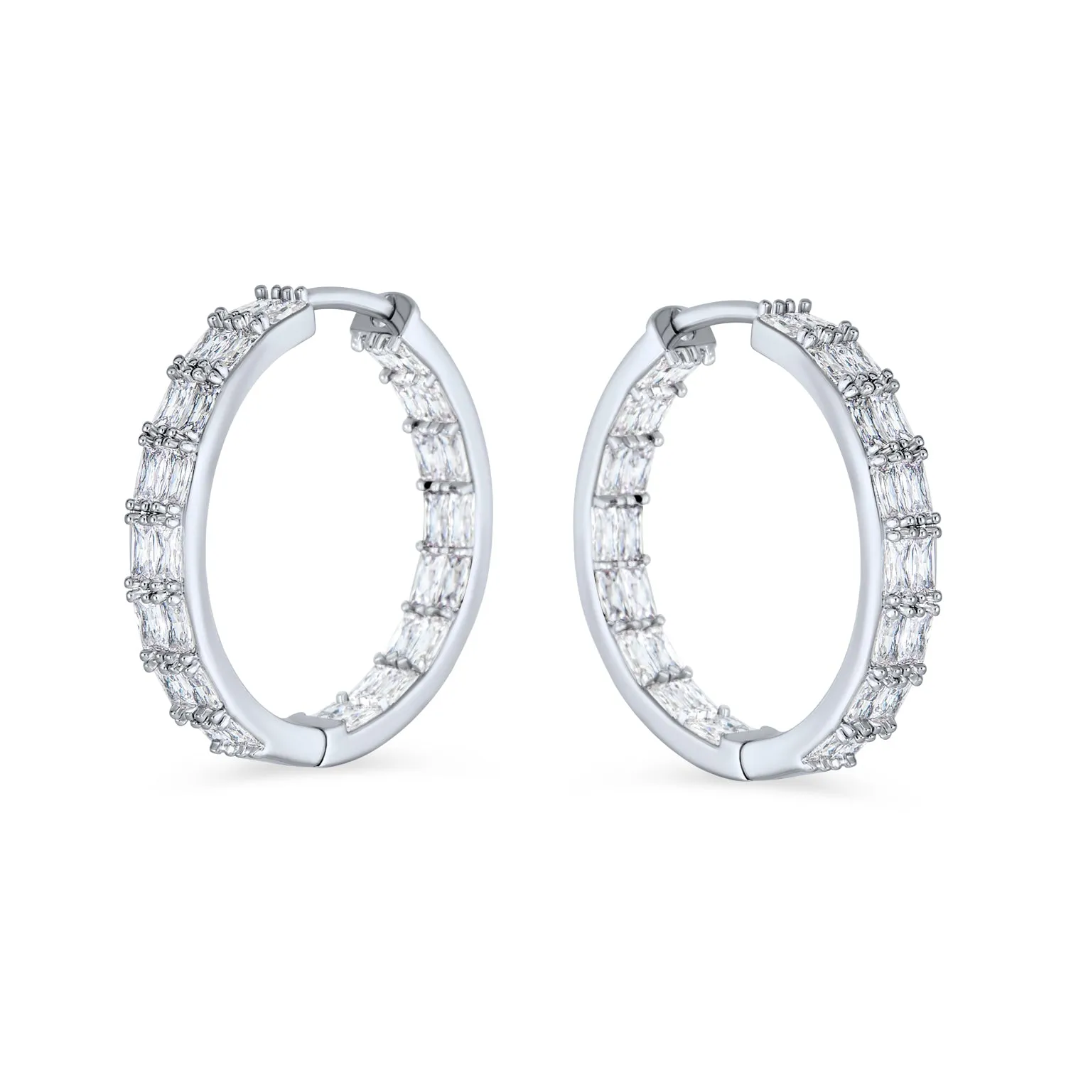 Bridal Statement CZ Hoop Earrings Emerald Cut Cubic Zirconia Milgrain Silver 1 Inch