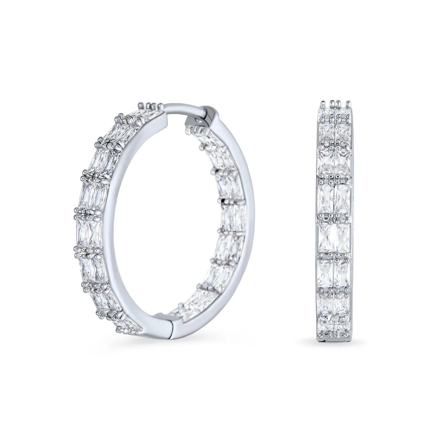 Bridal Statement CZ Hoop Earrings Emerald Cut Cubic Zirconia Milgrain Silver 1 Inch