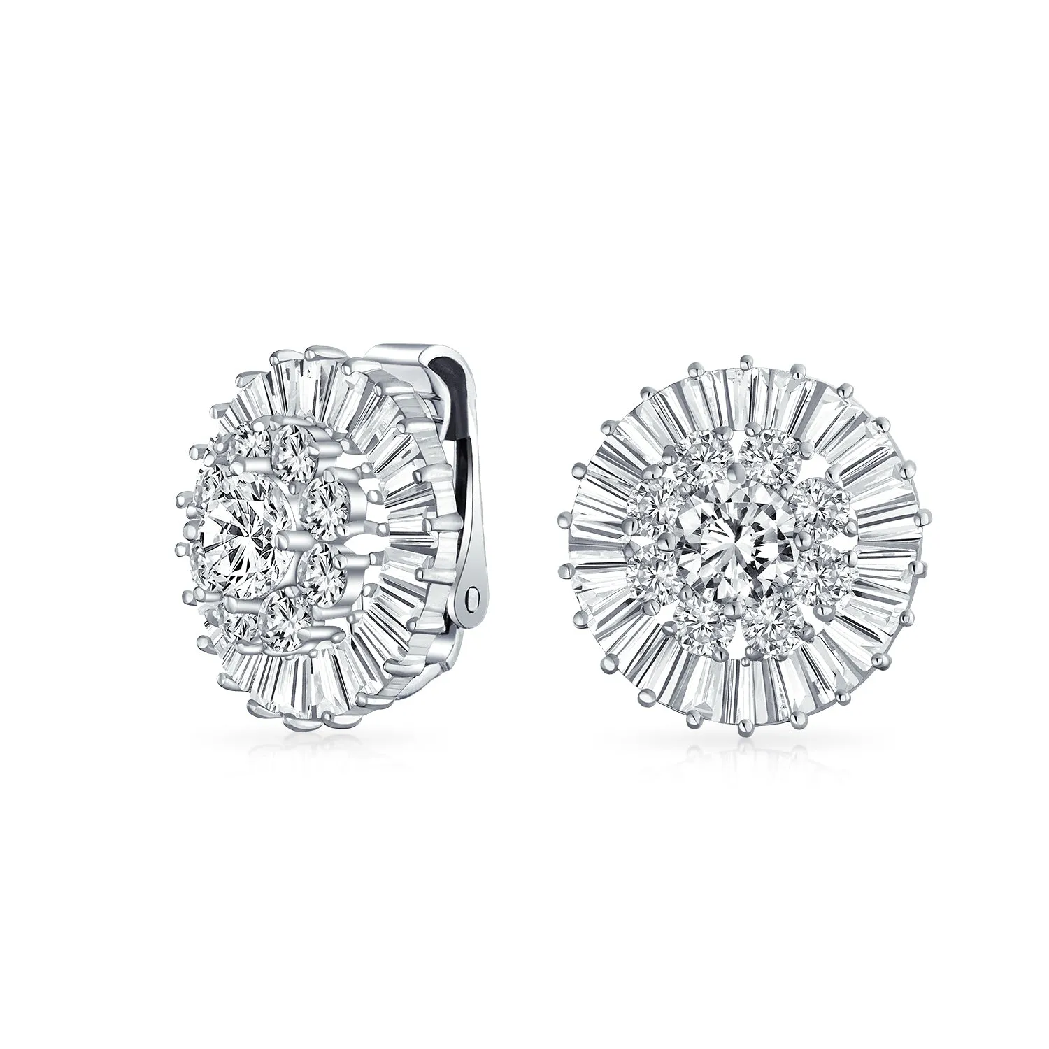 Bridal Wedding CZ Pave Clip-On Earrings for Non-Pierced Ears Silver Plated Brass