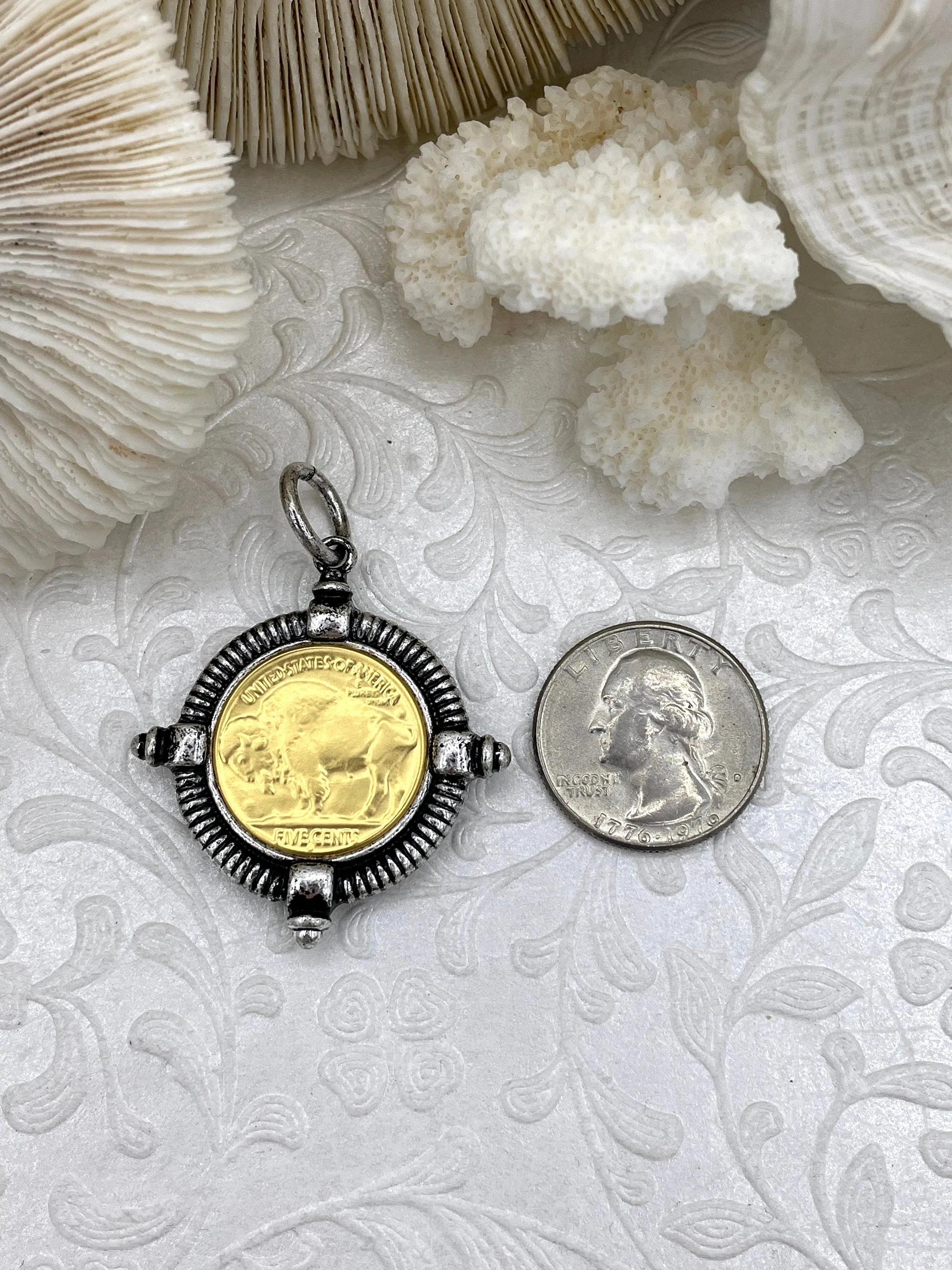 Buffalo Nickel Gold coin Pendant, Reproduction Gold Coin Pendant, Buffalo Nickel Pendant, Buffalo Nickel Coin Charm, 3 bezel color Fast Ship