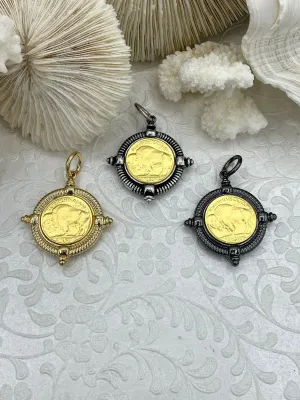 Buffalo Nickel Gold coin Pendant, Reproduction Gold Coin Pendant, Buffalo Nickel Pendant, Buffalo Nickel Coin Charm, 3 bezel color Fast Ship